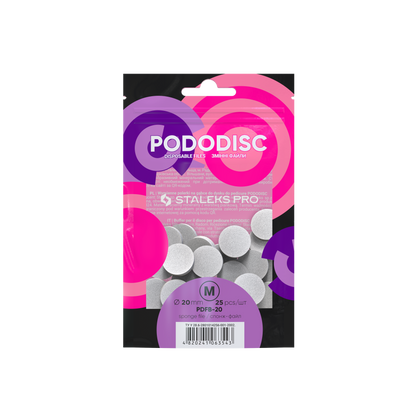 A pack of 25 Staleks STALEKS PRO Disposable Files-Sponges for Pedicure Disc PODODISC M EXPERT 20 mm ensures effective foot polishing. The packaging displays purple and pink circular patterns.
