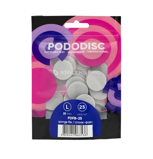 The STALEKS PRO Disposable Files-Sponges For Pedicure Disc PODODISC L EXPERT 25 (25 pcs) by Staleks offers 25 size L file sponges, ideal for smooth feet. Packaging features pink and purple circles on a black background.