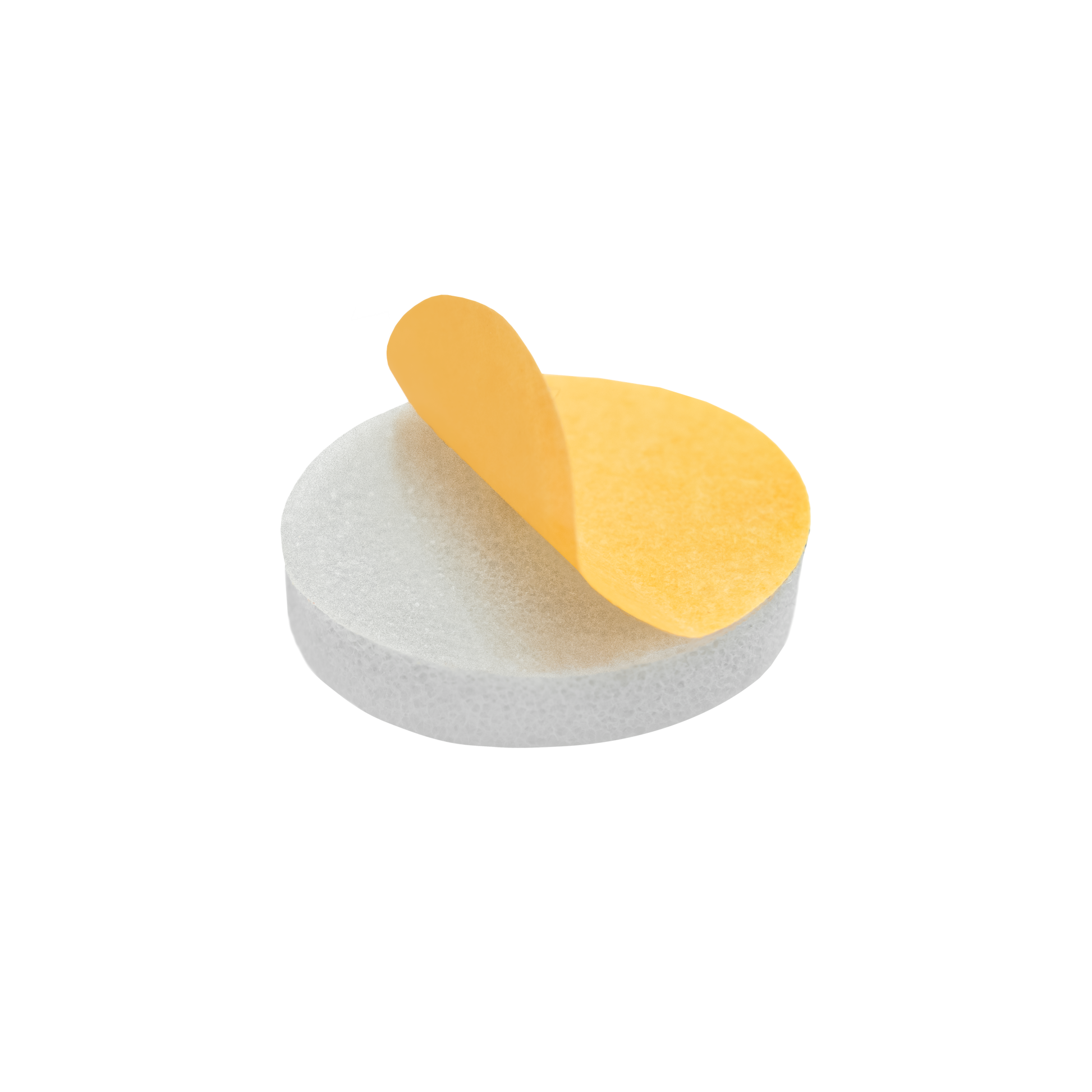 The Staleks PRO Disposable Files-Sponges for Pedicure Disc PODODISC L EXPERT 25 (25 pcs) feature a round white foam pad with a yellow peel-off backing, revealing an adhesive side for easy, effective foot smoothing.