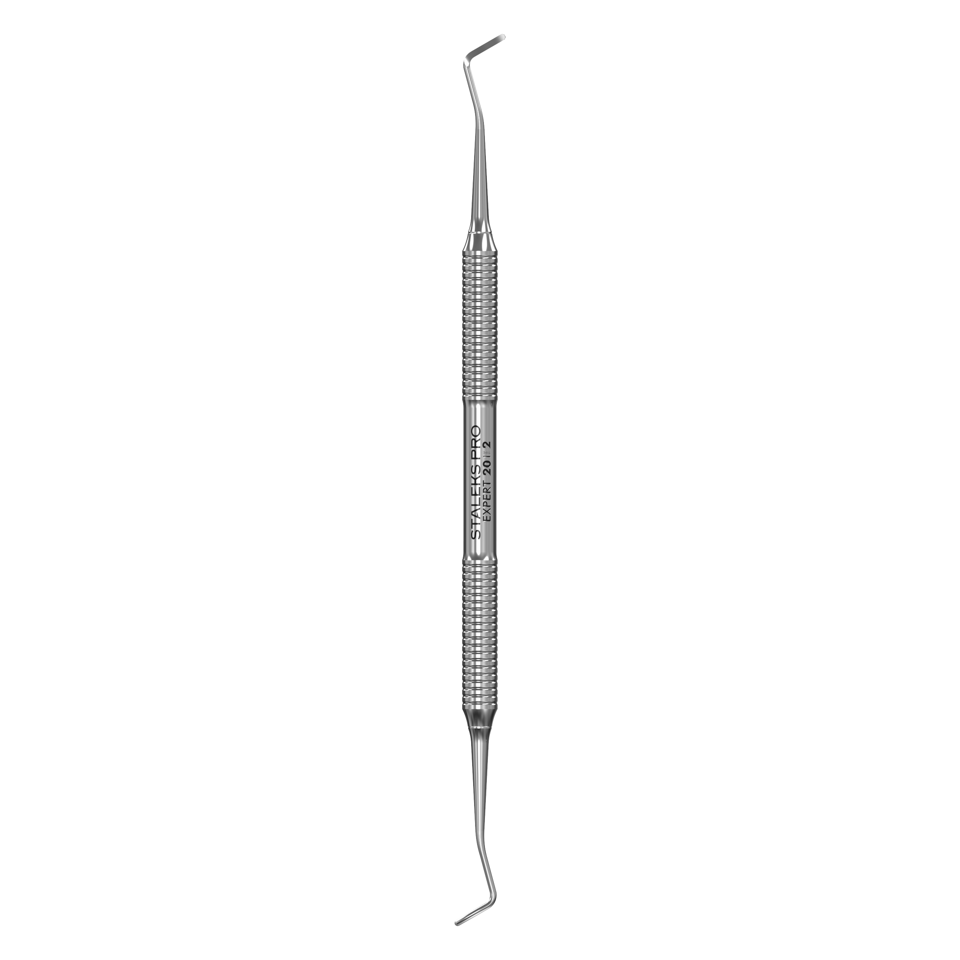 The STALEKS PRO Pedicure Curette EXPERT 20 TYPE 2 by Staleks is a double-ended stainless steel instrument with angled tips, ideal for precise examination and manipulation during dental procedures.