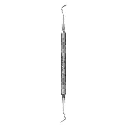 The STALEKS PRO Pedicure Curette EXPERT 20 TYPE 2 by Staleks is a double-ended stainless steel instrument with angled tips, ideal for precise examination and manipulation during dental procedures.