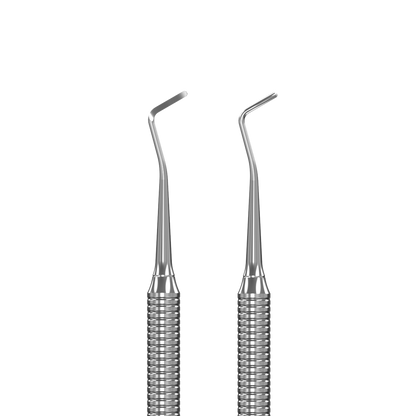 The STALEKS PRO Pedicure Curette EXPERT 20 TYPE 2 by Staleks is a double-ended stainless steel tool with textured handles and angled tips, shown upright on a transparent background—ideal for precise ingrown nail care.