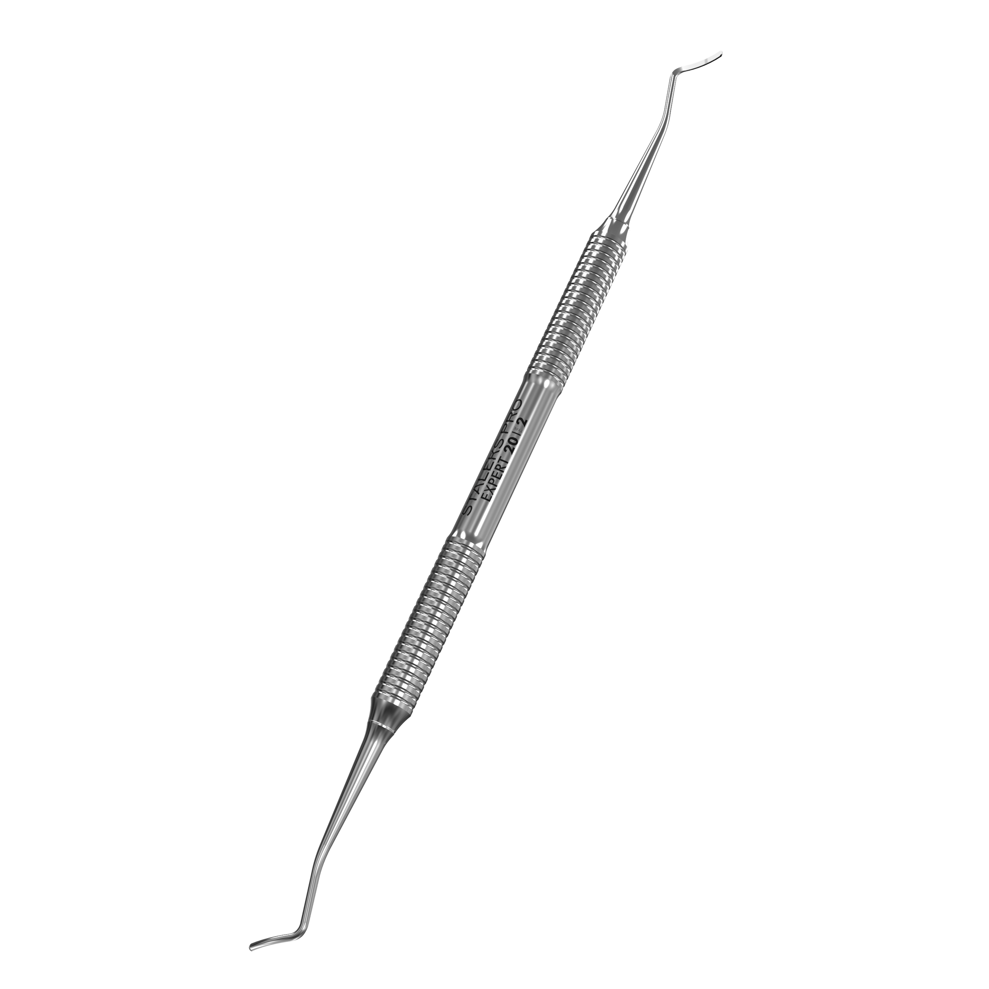 The STALEKS PRO Pedicure Curette EXPERT 20 TYPE 2 by Staleks is a double-ended stainless steel tool with angled, pointed ends and a textured grip, designed for examining and cleaning nails or skin.