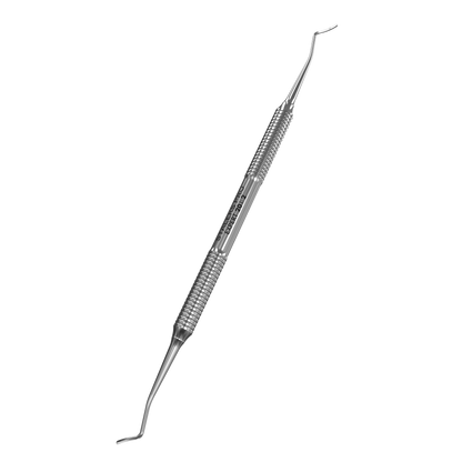 The STALEKS PRO Pedicure Curette EXPERT 20 TYPE 2 by Staleks is a double-ended stainless steel tool with angled, pointed ends and a textured grip, designed for examining and cleaning nails or skin.