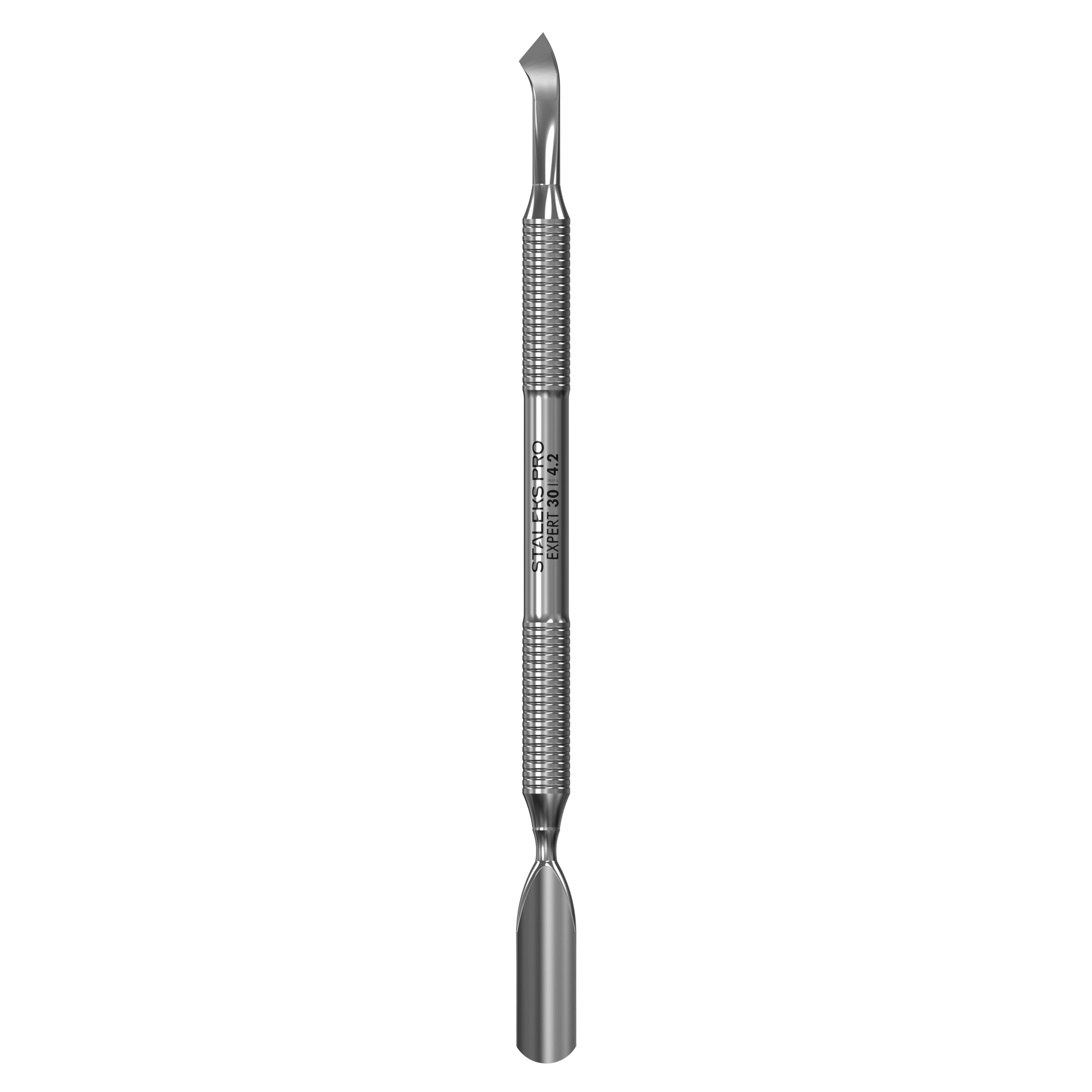 The Staleks STALEKS PRO Manicure Pusher EXPERT 30 TYPE 4.2 features a rounded wide pusher at one end and a bent blade at the other for precise cuticle care, shown against a black background.