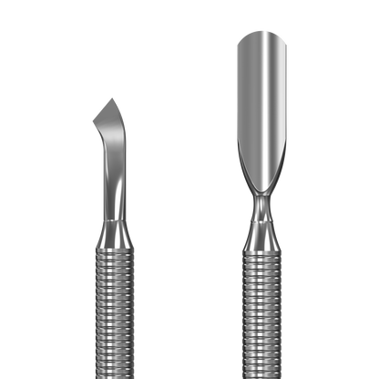 The STALEKS PRO Manicure Pusher EXPERT 30 TYPE 4.2 by Staleks features a rounded wide pusher for cuticle removal and a bent blade for precision, both with textured handles for grip, shown on a plain background.
