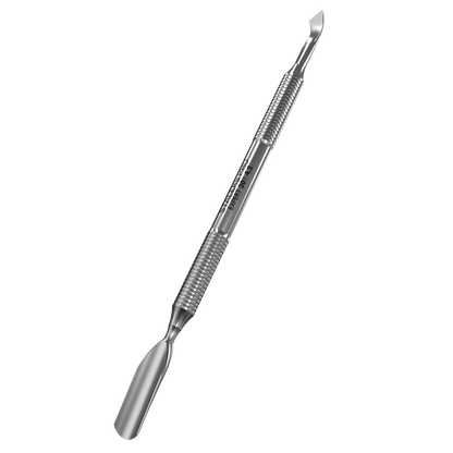 The STALEKS PRO Manicure Pusher EXPERT 30 TYPE 4.2 by Staleks features a rounded wide pusher and bent blade, ideal for cuticle removal, nail care, and cuticle maintenance. Made of stainless steel for professional results.