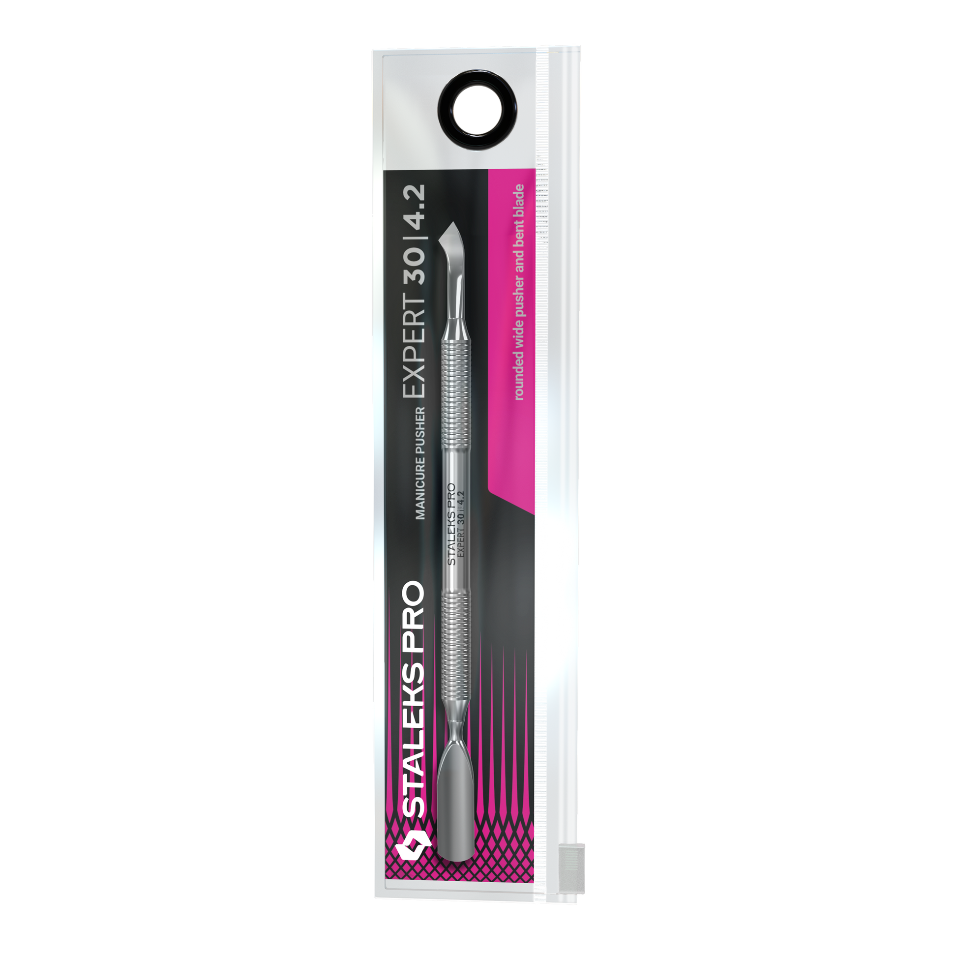A packaged Staleks PRO Manicure Pusher EXPERT 30 TYPE 4.2 (Rounded Wide Pusher and Bent Blade) is displayed vertically in a clear plastic sleeve with black, magenta, and silver labeling.