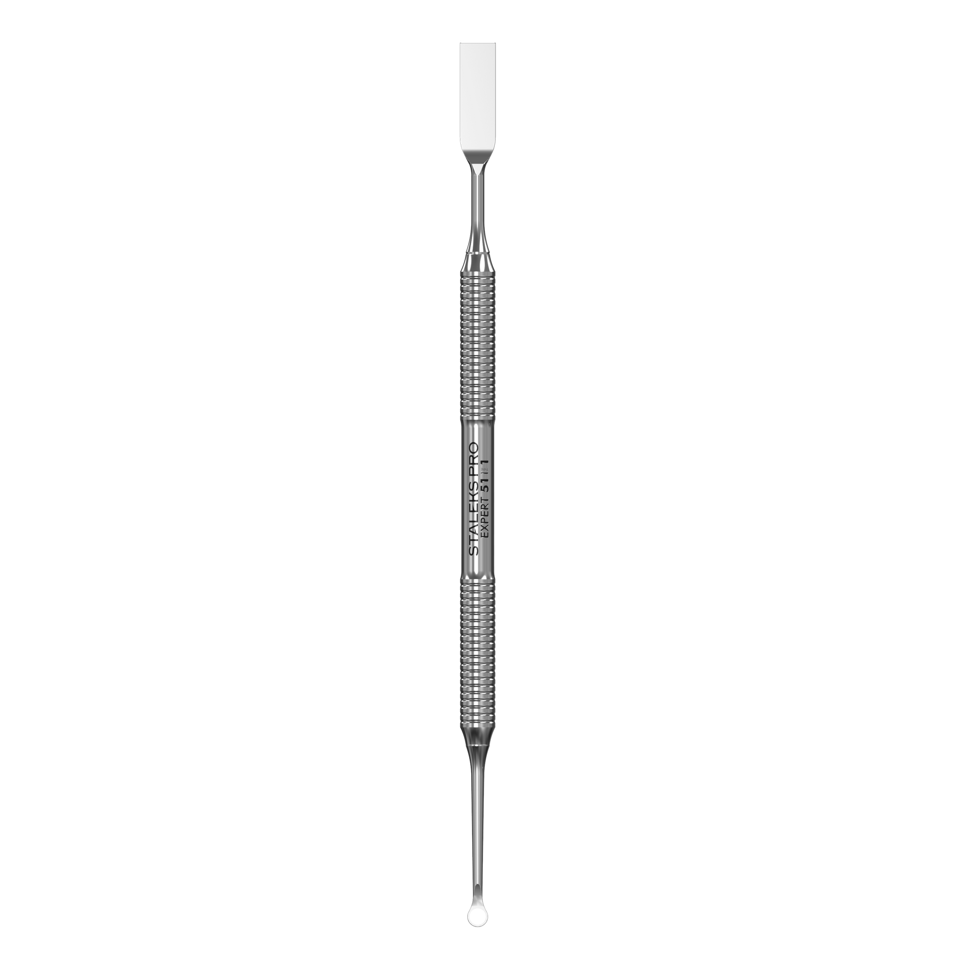 The STALEKS PRO Manicure Pusher EXPERT 51 TYPE 1 by Staleks features a double-ended metal design with a straight flat tip and a loop pusher, shown against a black background.