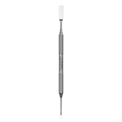 The STALEKS PRO Manicure Pusher EXPERT 51 TYPE 1 by Staleks features a double-ended metal design with a straight flat tip and a loop pusher, shown against a black background.