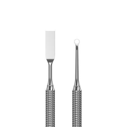 The STALEKS PRO Manicure Pusher EXPERT 51 TYPE 1 by Staleks features a straight flat end and a loop pusher, both with textured handles, displayed vertically against a black background.