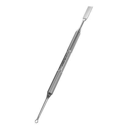The STALEKS PRO Manicure Pusher EXPERT 51 TYPE 1 by Staleks features a straight flat end and a loop pusher, making it ideal for precise skincare, blackhead removal, and effective cuticle care.