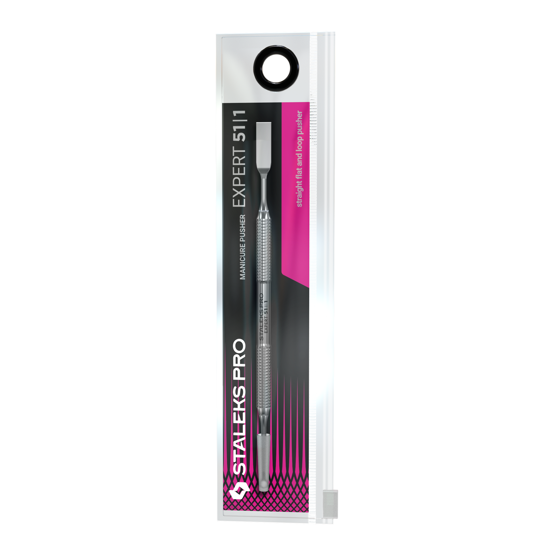 The Staleks PRO Manicure Pusher EXPERT 51 TYPE 1 features a straight flat and loop pusher, comes in metallic packaging with black, pink, and silver accents, and is visible through a clear front section.