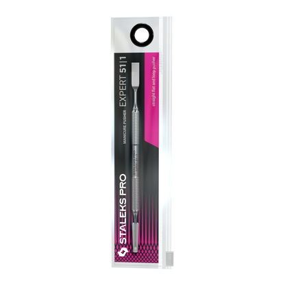 The Staleks PRO Manicure Pusher EXPERT 51 TYPE 1 features a straight flat and loop pusher, comes in metallic packaging with black, pink, and silver accents, and is visible through a clear front section.