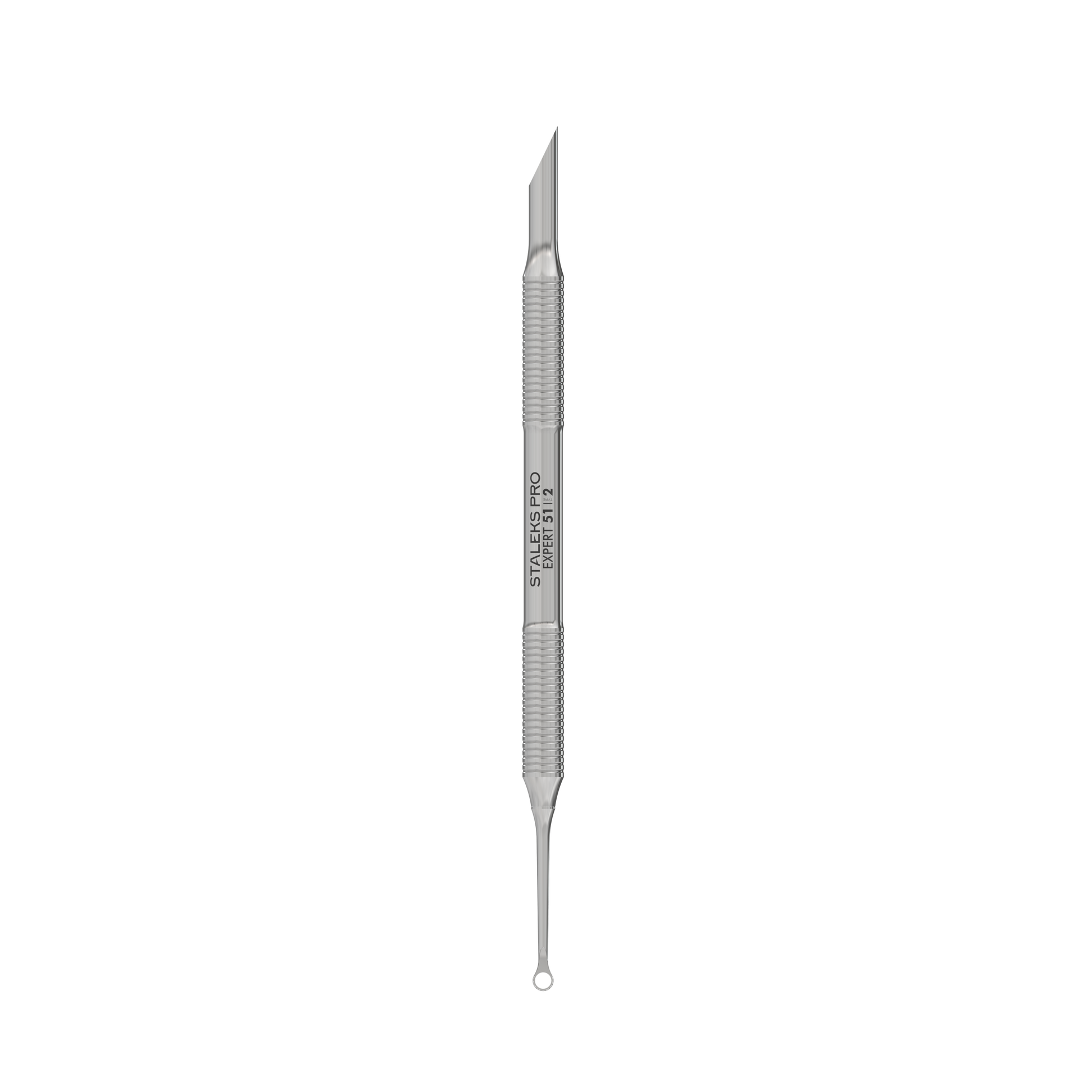 The STALEKS PRO Manicure Pusher EXPERT 51 TYPE 2 by Staleks is a double-ended stainless steel tool with a beveled pusher on one end and a loop extractor on the other, shown vertically against a black background.