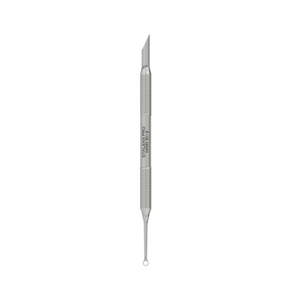 The STALEKS PRO Manicure Pusher EXPERT 51 TYPE 2 by Staleks is a double-ended stainless steel tool with a beveled pusher on one end and a loop extractor on the other, shown vertically against a black background.