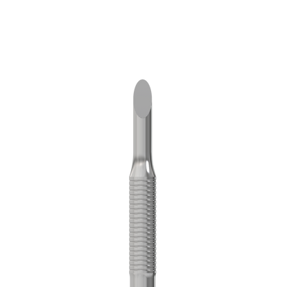 The STALEKS PRO Manicure Pusher EXPERT 51 TYPE 2 (Beveled and Loop Pusher) by Staleks is a stainless steel tool with a smooth, rounded tip and threading on the lower half, perfect for precise cuticle removal in manicure applications.
