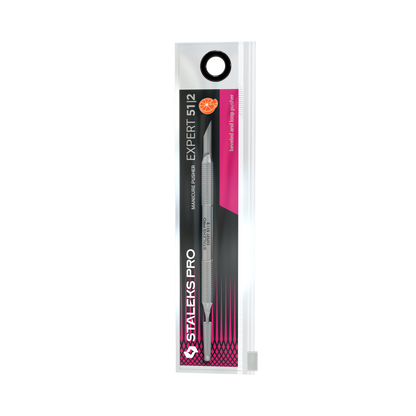 The STALEKS PRO Manicure Pusher EXPERT 51 TYPE 2 (Beveled and Loop Pusher) by Staleks comes in a clear box with pink and black accents, featuring product branding—ideal for precise cuticle care.