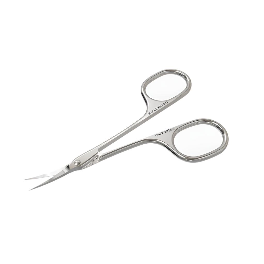 Staleks STALEKS PRO Professional Cuticle Scissors Asymmetric UNIQ 30 TYPE 4 feature curved tips and asymmetric rings for precise grooming. Manual sharpening ensures long-lasting performance. Shown on a white background.