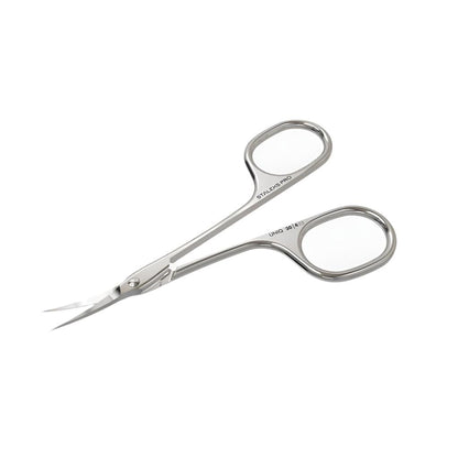 Staleks STALEKS PRO Professional Cuticle Scissors Asymmetric UNIQ 30 TYPE 4 feature curved tips and asymmetric rings for precise grooming. Manual sharpening ensures long-lasting performance. Shown on a white background.