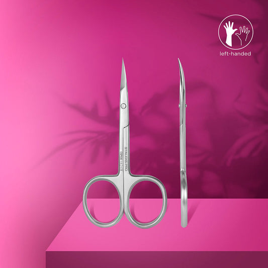 Two STALEKS PRO Professional Cuticle Scissors For Left-Handed Users EXPERT 11 TYPE 1 by Staleks, shown from the front and side, are displayed on a pink background with a "left-handed" symbol in the top right corner.