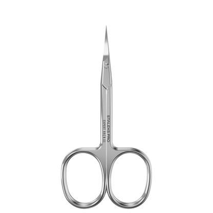 The STALEKS PRO Professional Cuticle Scissors for Left-Handed Users EXPERT 11 TYPE 1 by Staleks feature sharp, pointed high-alloy stainless steel blades and two finger holes, shown against a plain black background.