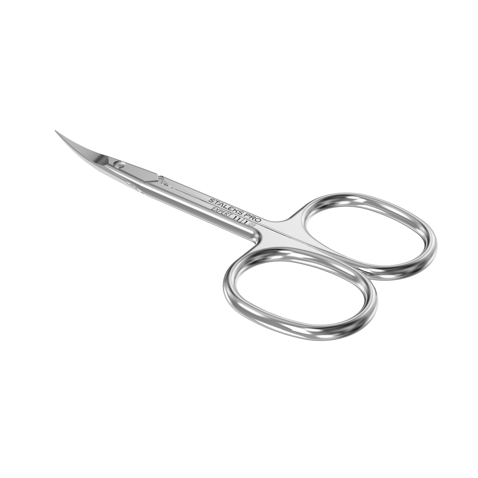 The Staleks STALEKS PRO Professional Cuticle Scissors For Left-Handed Users EXPERT 11 TYPE 1 are small, silver, high-alloy stainless steel scissors with two round finger holes, designed for precision cutting and manual sharpening.