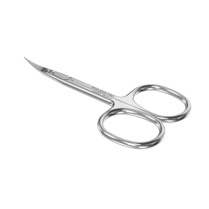 The Staleks STALEKS PRO Professional Cuticle Scissors For Left-Handed Users EXPERT 11 TYPE 1 are small, silver, high-alloy stainless steel scissors with two round finger holes, designed for precision cutting and manual sharpening.