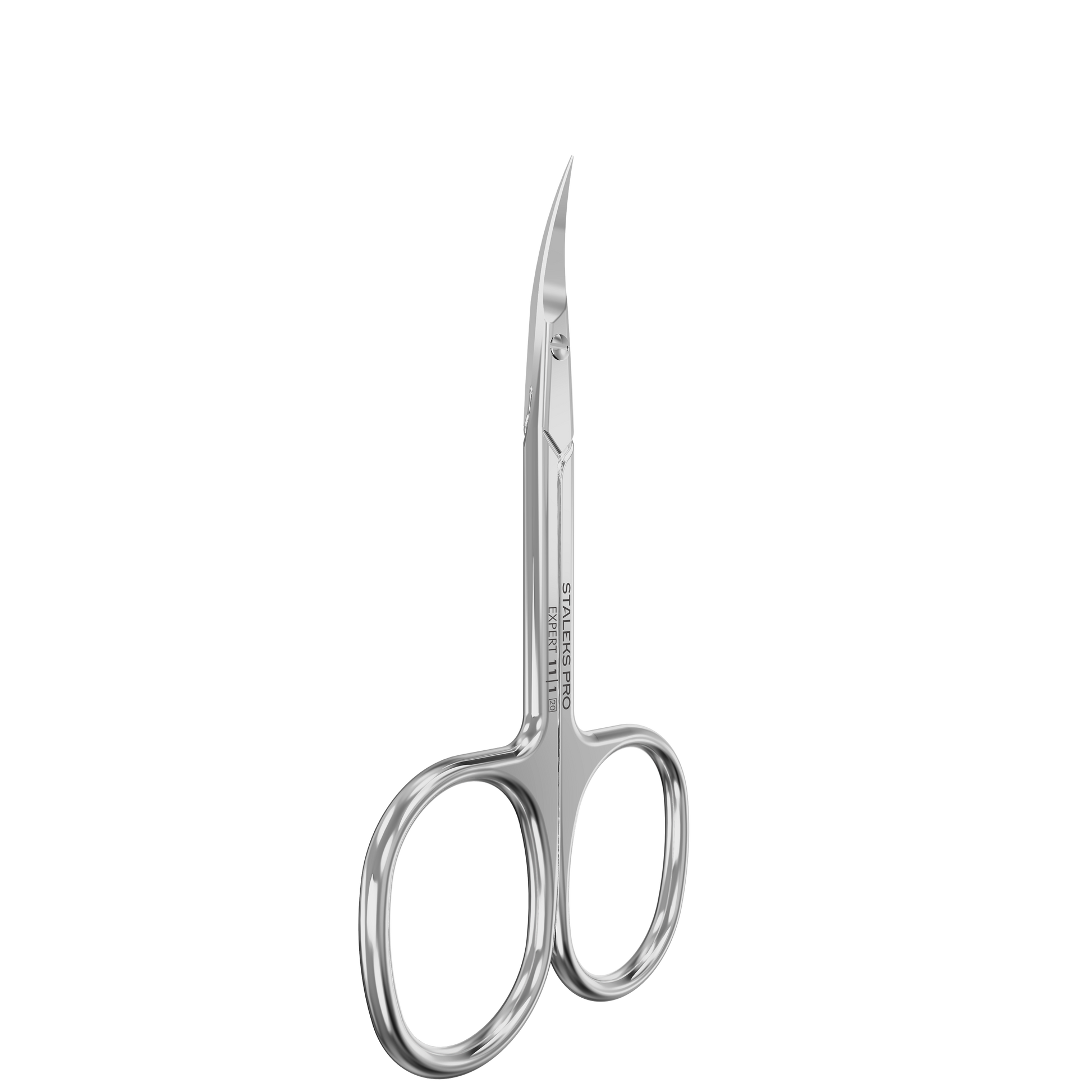 The Staleks PRO Professional Cuticle Scissors for Left-Handed Users EXPERT 11 TYPE 1 are small, shiny stainless steel scissors with curved, pointed blades and rounded finger holes, designed by Staleks.