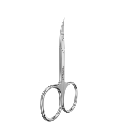 The Staleks PRO Professional Cuticle Scissors for Left-Handed Users EXPERT 11 TYPE 1 are small, shiny stainless steel scissors with curved, pointed blades and rounded finger holes, designed by Staleks.