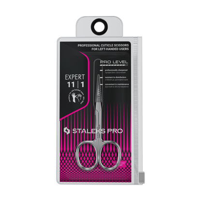The STALEKS PRO EXPERT 11 TYPE 1 Professional Cuticle Scissors for left-handed users by Staleks are made of high-alloy stainless steel, manually sharpened, and come in a transparent case with black and pink accents.