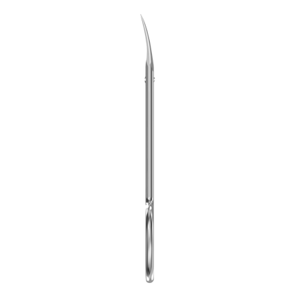 The STALEKS PRO Professional Cuticle Scissors for Left-Handed Users EXPERT 11 TYPE 3 by Staleks, featuring a long slender handle and sharply curved tip, is displayed vertically against a black background.