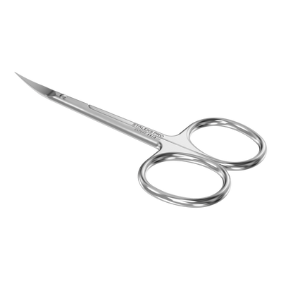STALEKS PRO Professional Cuticle Scissors for left-handed users, brand Staleks, featuring curved, pointed blades and two round finger holes, shown against a plain black background.