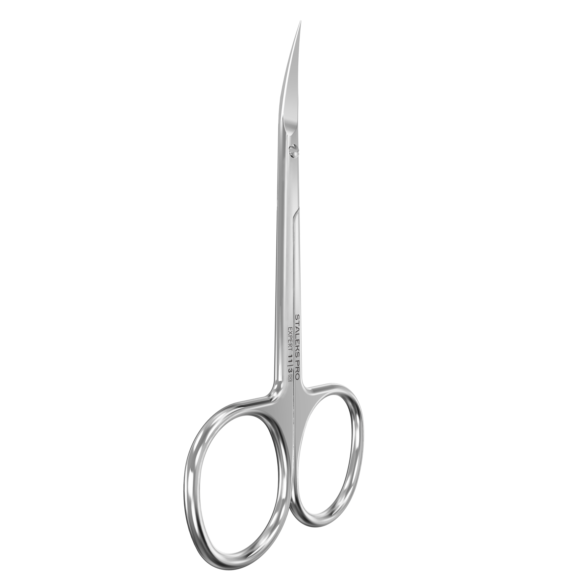 The STALEKS PRO Professional Cuticle Scissors For Left-Handed Users EXPERT 11 TYPE 3 by Staleks are small, silver, stainless steel scissors with thin, curved blades and round finger holes, shown on a black background.