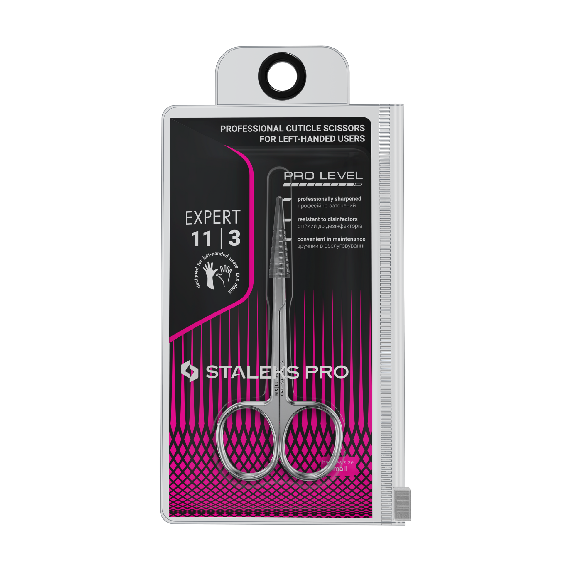 Staleks STALEKS PRO Professional Cuticle Scissors for Left-Handed Users EXPERT 11 TYPE 3 includes stainless steel scissors in a clear plastic case with pink and black accents, ideal for professional use.