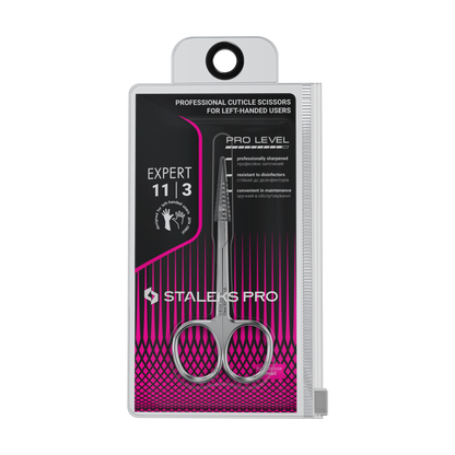 Staleks STALEKS PRO Professional Cuticle Scissors for Left-Handed Users EXPERT 11 TYPE 3 includes stainless steel scissors in a clear plastic case with pink and black accents, ideal for professional use.