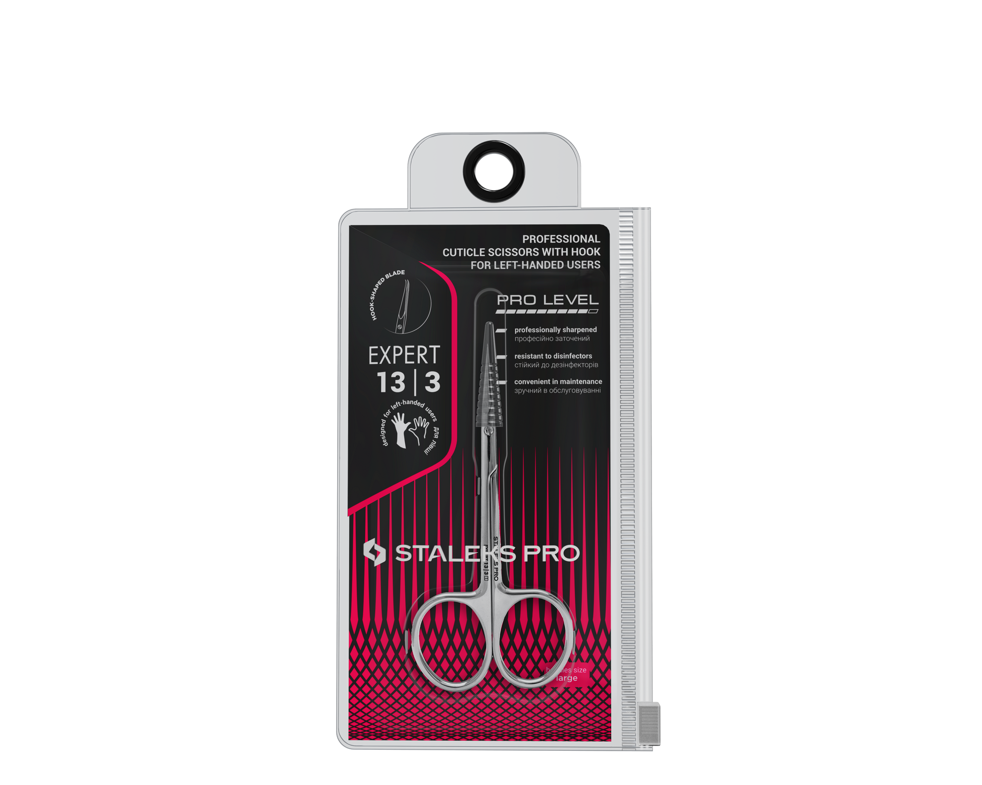 A package of Staleks STALEKS PRO Professional Cuticle Scissors With Hook for Left-Handed Users EXPERT 13 TYPE 3, made from high-alloy stainless steel with straight, pointed blades and ergonomic finger holes, shown in a clear case.