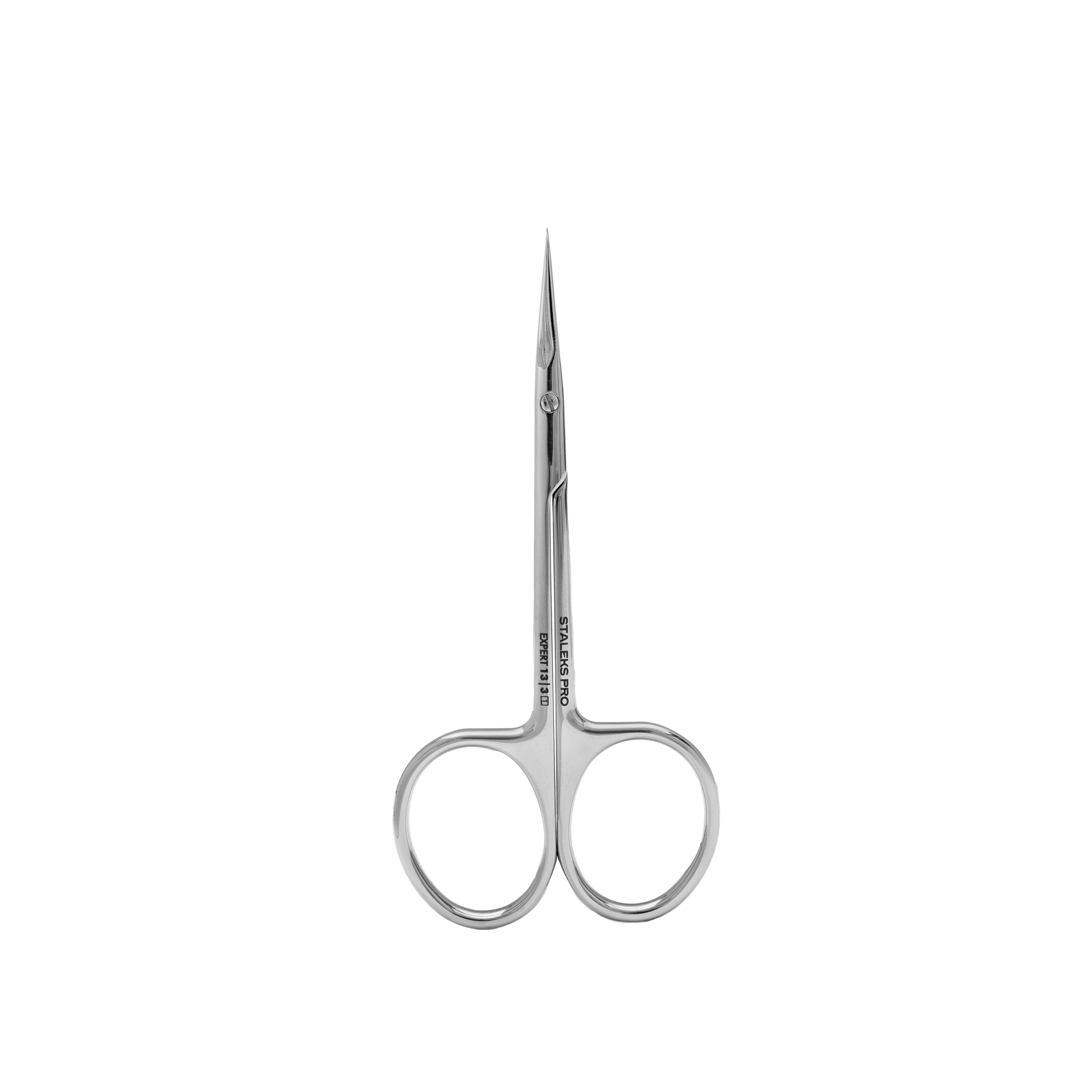 The Staleks STALEKS PRO Professional Cuticle Scissors With Hook For Left-Handed Users EXPERT 13 TYPE 3 are shown vertically against a plain black background, featuring rounded finger holes and slightly curved, pointed blades.