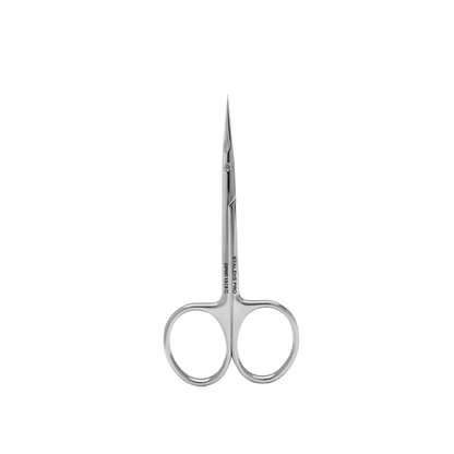 The Staleks STALEKS PRO Professional Cuticle Scissors With Hook For Left-Handed Users EXPERT 13 TYPE 3 are shown vertically against a plain black background, featuring rounded finger holes and slightly curved, pointed blades.