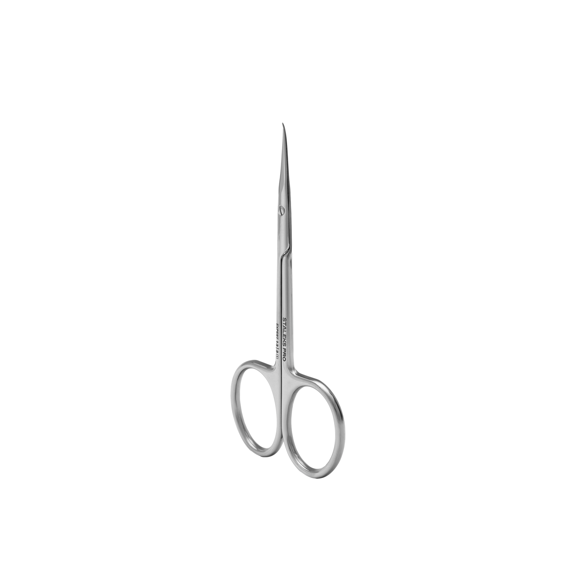 The STALEKS PRO Professional Cuticle Scissors With Hook for Left-Handed Users EXPERT 13 TYPE 3 by Staleks feature thin, pointed stainless steel blades and two round finger holes, shown isolated on a transparent background.