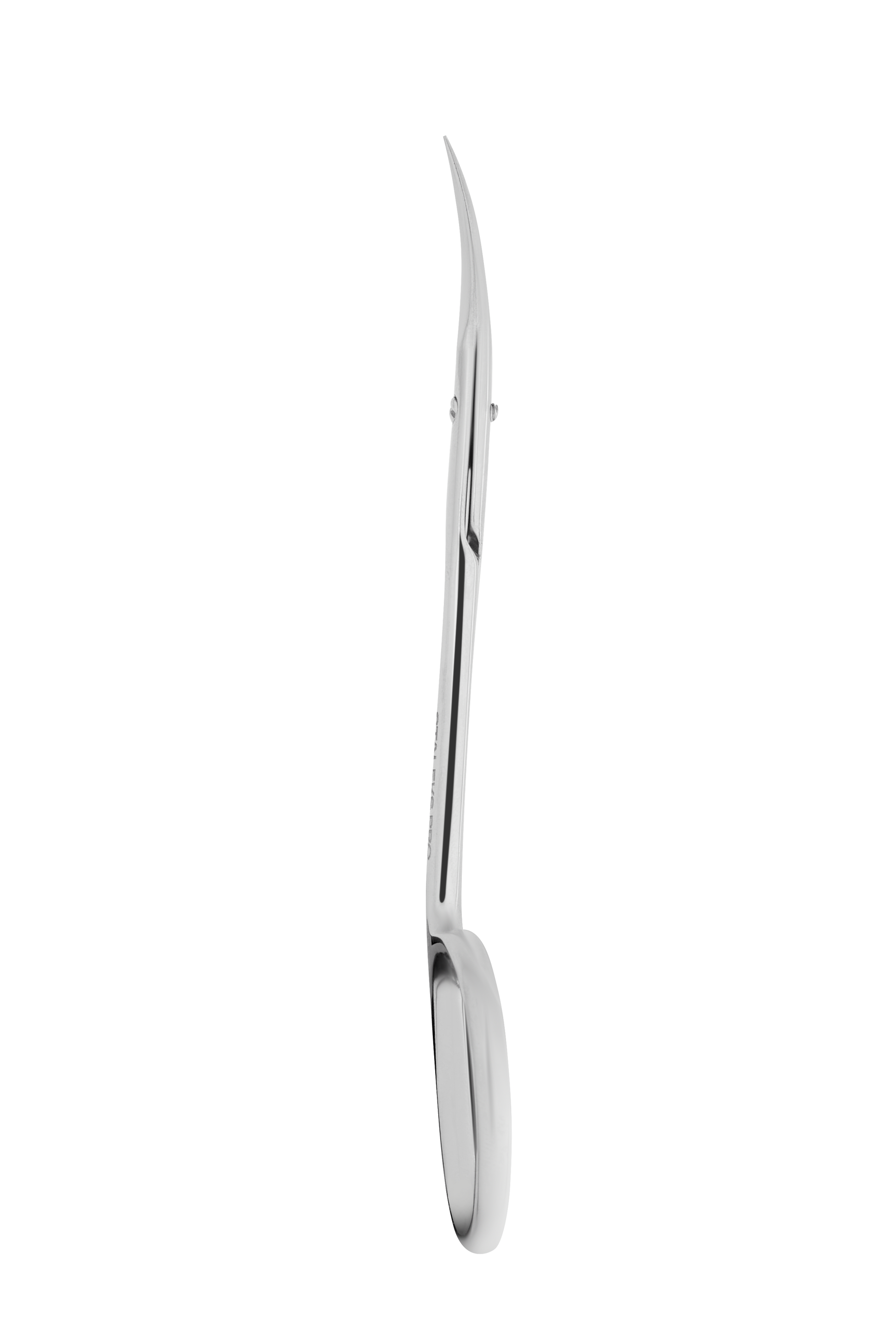 The STALEKS PRO Professional Cuticle Scissors EXPERT 20 TYPE 2 by Staleks are crafted from high-alloy stainless steel, featuring a curved, narrow pointed tip and finger ring handle, shown isolated on a black background.