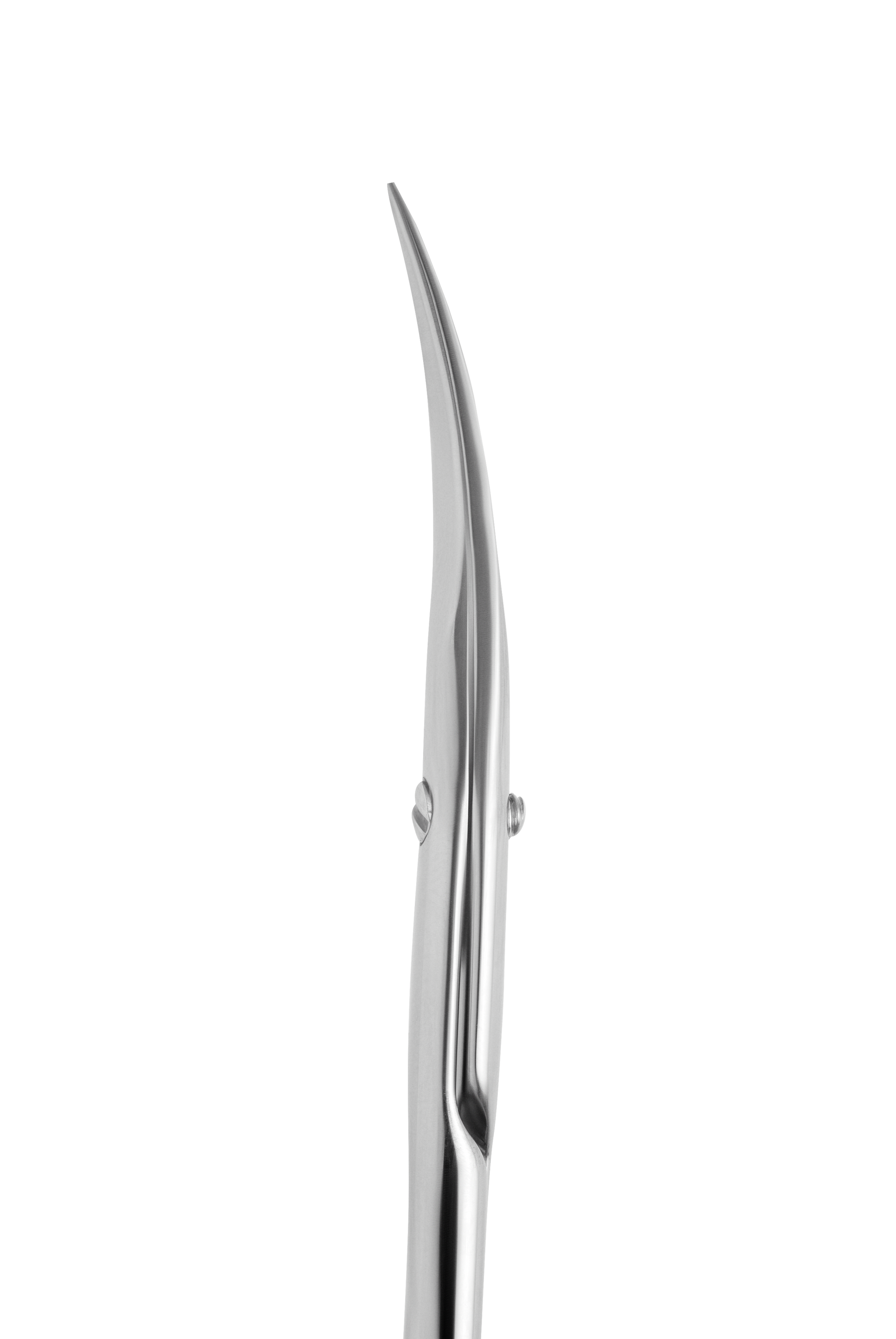 A close-up of Staleks STALEKS PRO Professional Cuticle Scissors EXPERT 20 TYPE 2, featuring a shiny, curved, pointed tip design made from high-alloy stainless steel, isolated on a white background.