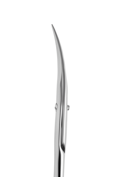 A close-up of Staleks STALEKS PRO Professional Cuticle Scissors EXPERT 20 TYPE 2, featuring a shiny, curved, pointed tip design made from high-alloy stainless steel, isolated on a white background.