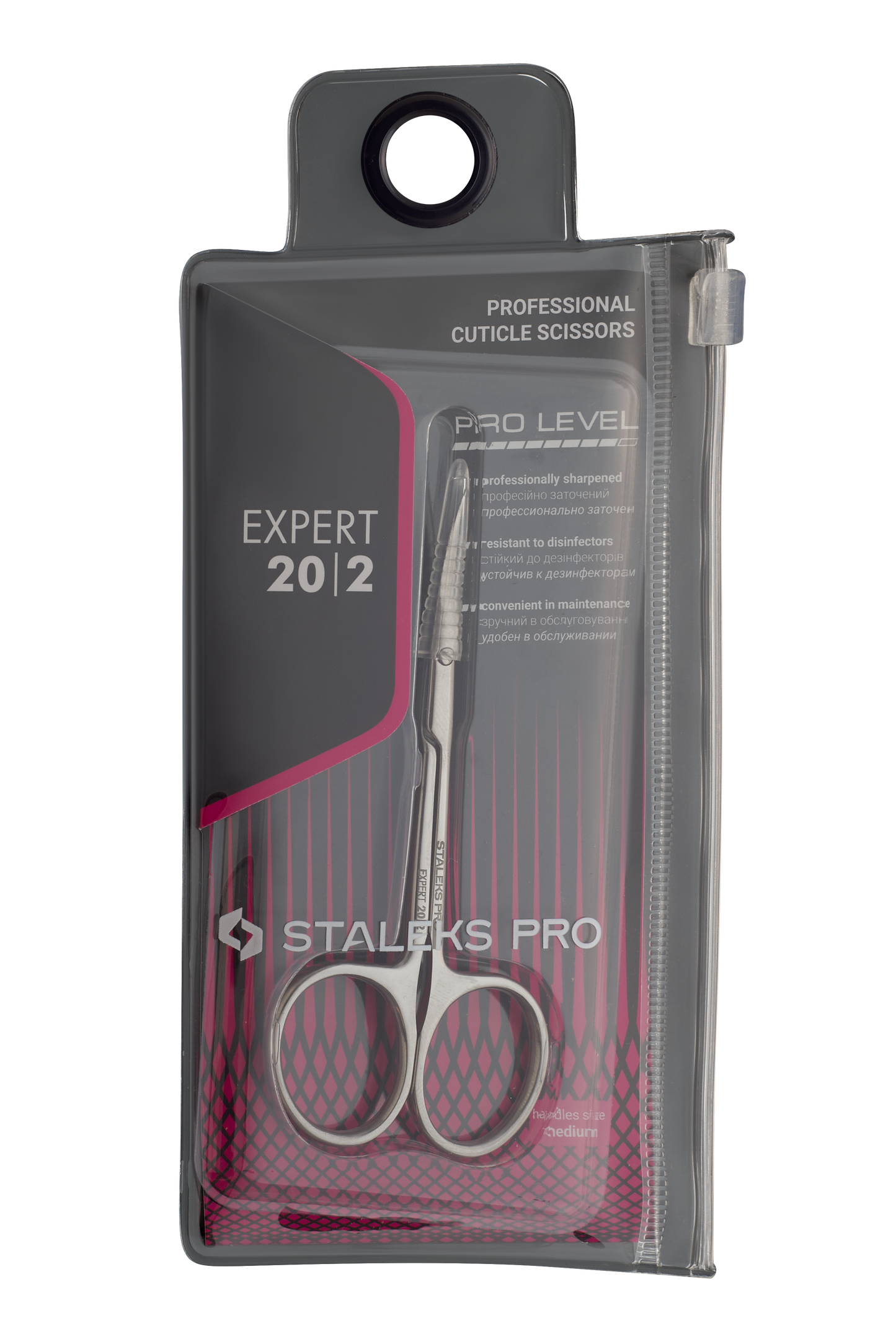 Staleks STALEKS PRO Professional Cuticle Scissors EXPERT 20 TYPE 2, made of high-alloy stainless steel with manual sharpening, come in a transparent pouch labeled "STALEKS PRO" and "PROFESSIONAL CUTICLE SCISSORS.