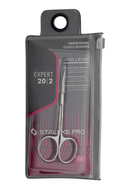 Staleks STALEKS PRO Professional Cuticle Scissors EXPERT 20 TYPE 2, made of high-alloy stainless steel with manual sharpening, come in a transparent pouch labeled "STALEKS PRO" and "PROFESSIONAL CUTICLE SCISSORS.