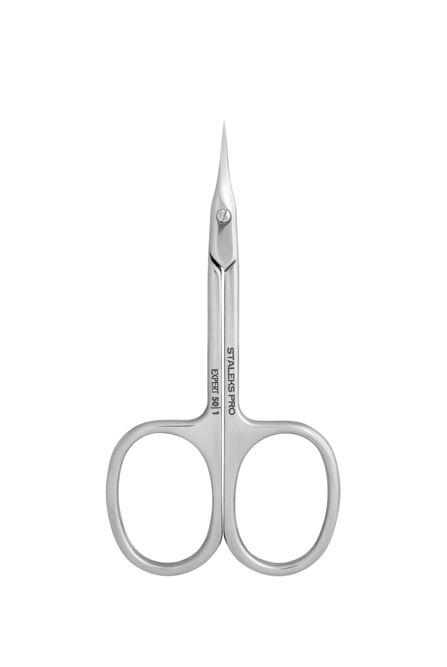 The STALEKS PRO Professional Cuticle Scissors EXPERT 50 TYPE 1 by Staleks feature small, high-alloy stainless steel blades with thin, pointed tips and large finger holes, displayed on a plain white background.