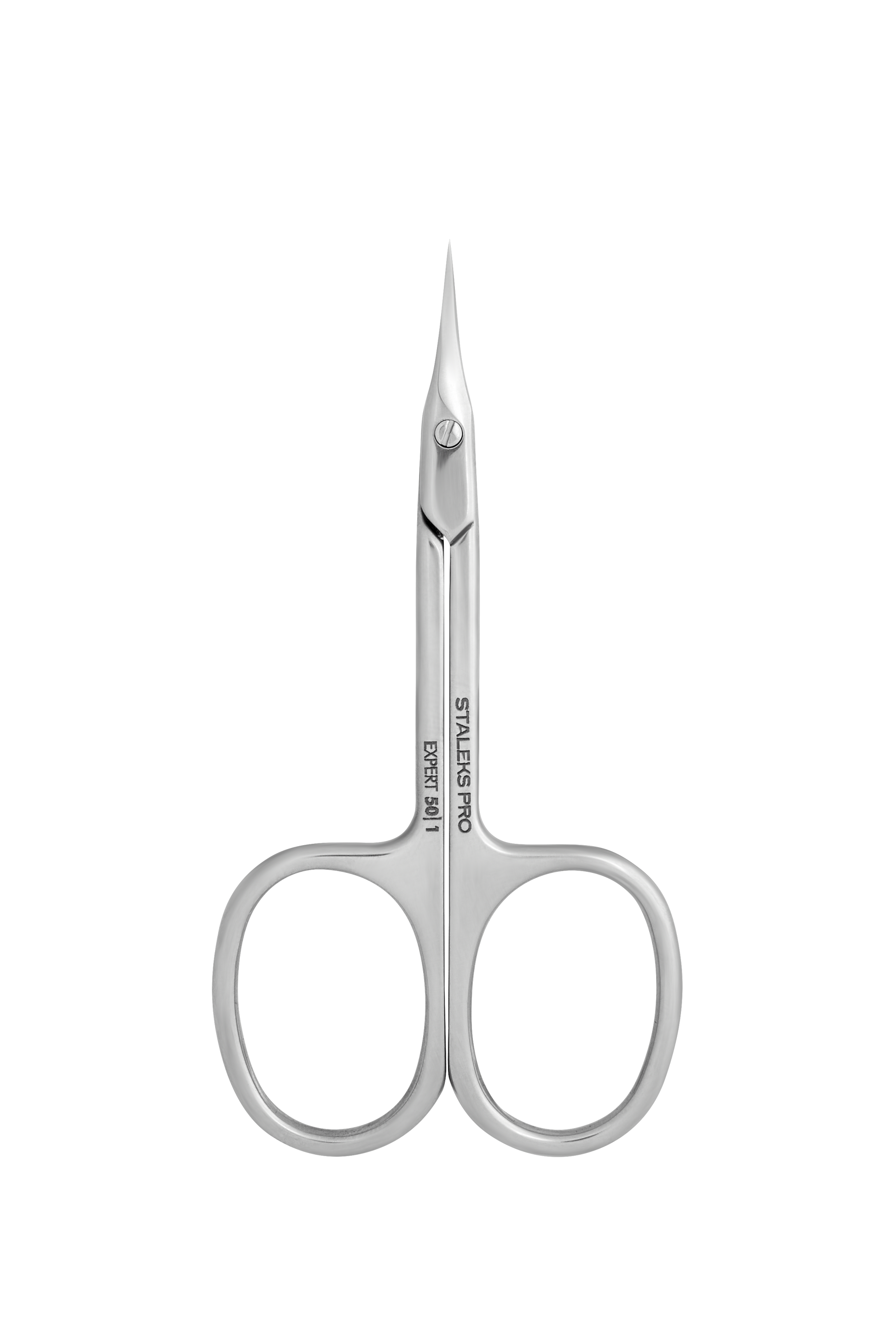 The STALEKS PRO Professional Cuticle Scissors EXPERT 50 TYPE 1 by Staleks feature small, high-alloy stainless steel blades with thin, pointed tips and large finger holes, displayed on a plain white background.