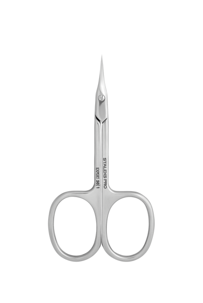 The STALEKS PRO Professional Cuticle Scissors EXPERT 50 TYPE 1 by Staleks feature small, high-alloy stainless steel blades with thin, pointed tips and large finger holes, displayed on a plain white background.
