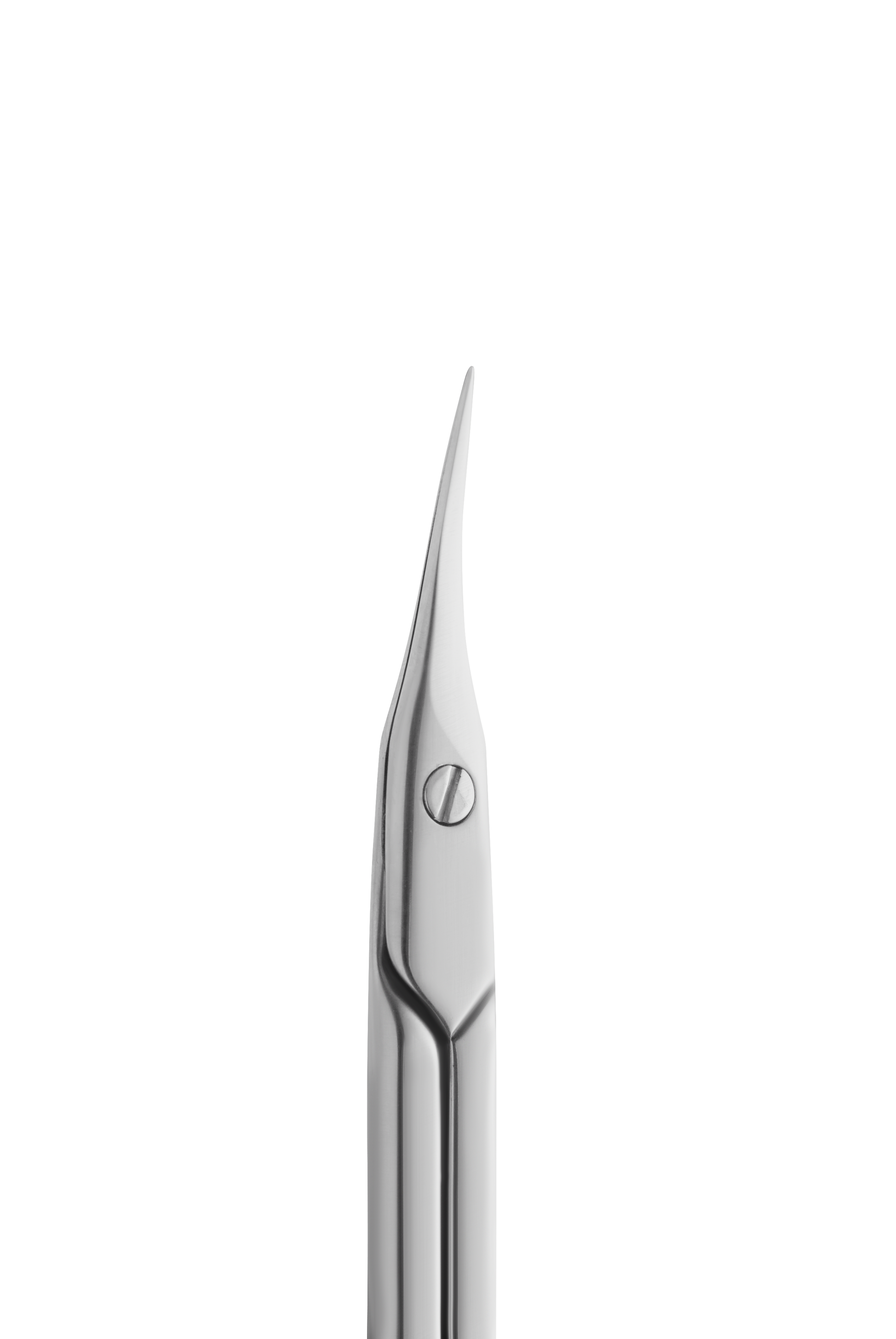 Close-up of Staleks PRO Professional Cuticle Scissors EXPERT 50 TYPE 1, crafted from high-alloy stainless steel, showing the slightly curved tip against a black background.