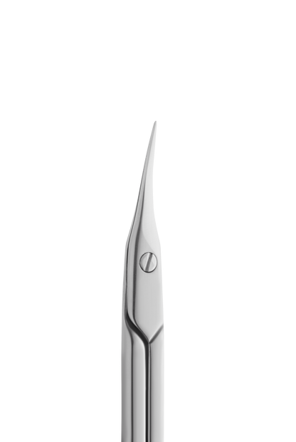 Close-up of Staleks PRO Professional Cuticle Scissors EXPERT 50 TYPE 1, crafted from high-alloy stainless steel, showing the slightly curved tip against a black background.